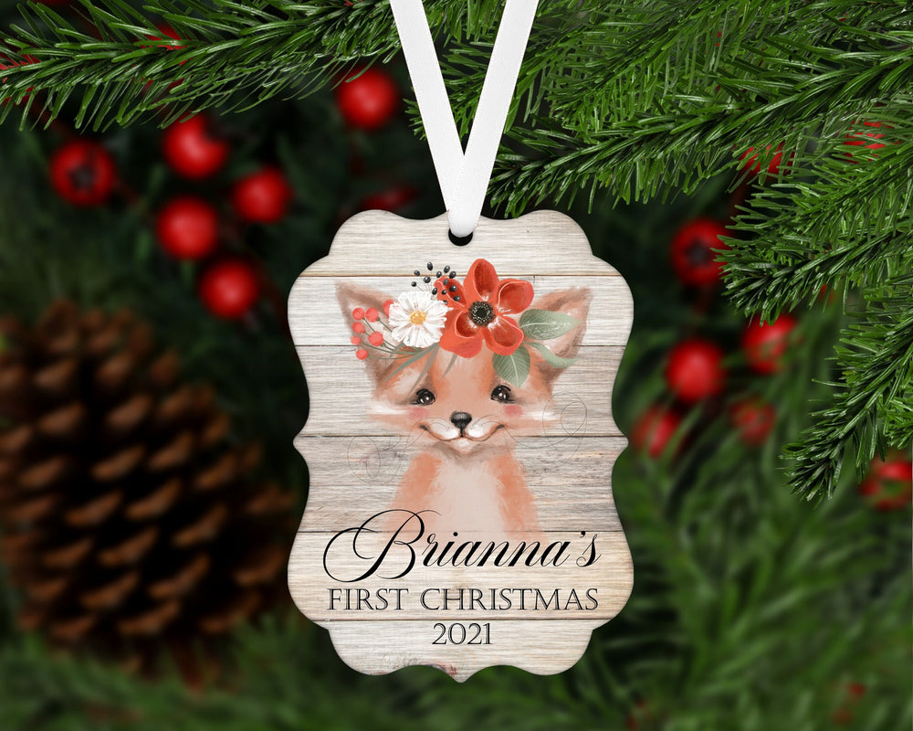 Babys First Christmas Ornament - Fox Ornament - Childrens Ornament - Girls Ornament - Double Sided Ornament - Metal Ornament - ORN30