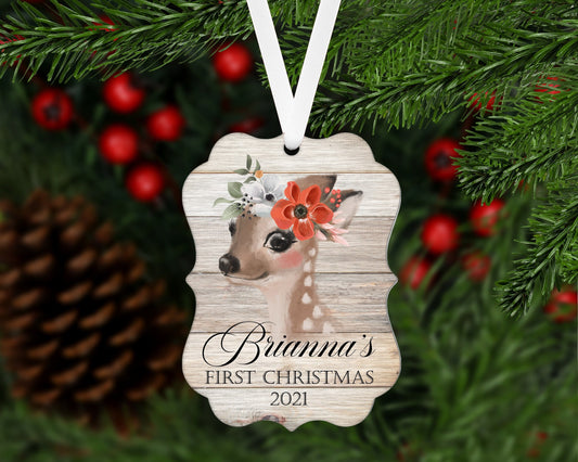 Babys First Christmas Ornament - Deer Ornament - Childrens Ornament - Girls Ornament - Double Sided Ornament - Metal Ornament - ORN31