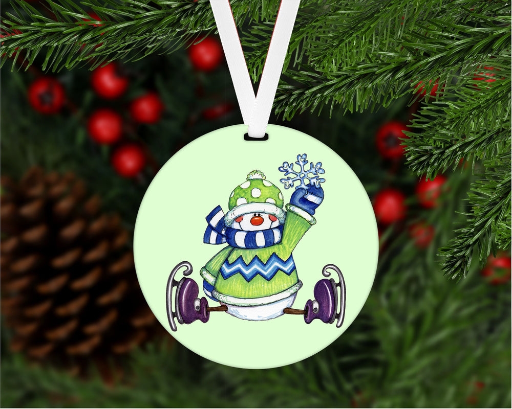 Christmas Ornament - Snowman Ornament - Ice Skating - Christmas Tree Ornament - Double Sided Ornament - Metal Ornament - ORN37
