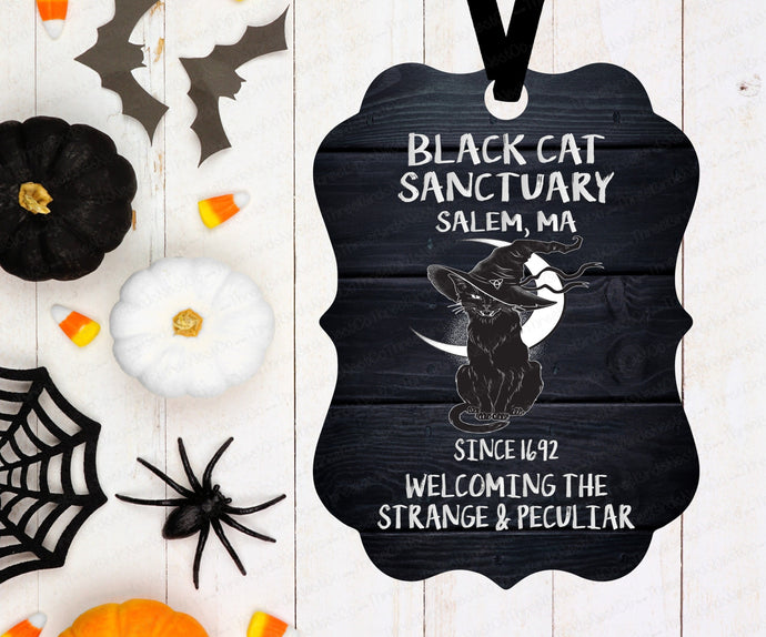 Halloween Ornament - Black Cat Sanctuary - Happy Halloween Ornament- Spooky - Double Sided Ornament - Metal Ornament - ORN50