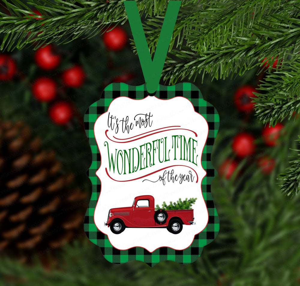 Most Wonderful Time of the Year - Red Truck Ornament - Buffalo Plaid Ornament - Double Sided Ornament - Metal Ornament - ORN60