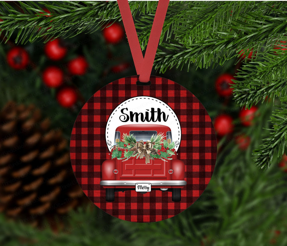 Personalized Ornament - Red Truck Ornament - Buffalo Plaid Ornament - Double Sided Ornament - Metal Ornament - ORN62