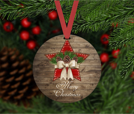 Merry Christmas Ornament - Rustic Farmhouse Ornament - Seasons Greetings - Star Ornament - Double Sided Ornament - Metal Ornament- ORN64