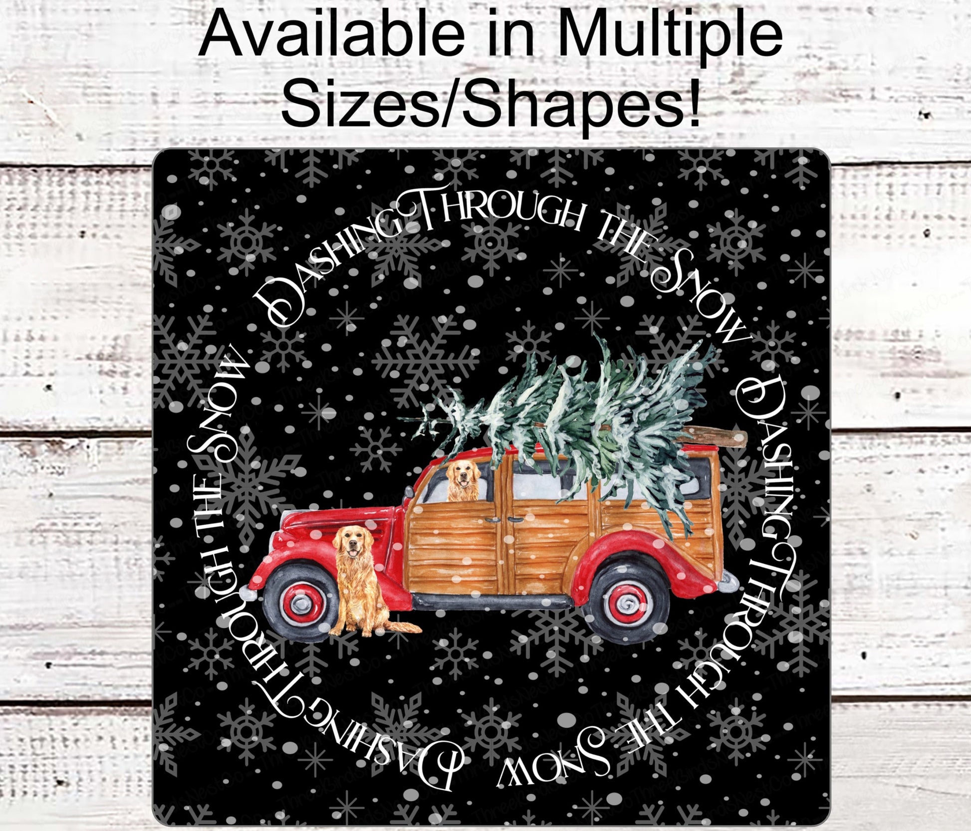 Christmas Wreath Signs - Dashing Through the Snow - Golden Retriever Sign - Old Red Panel Truck - Dog Sign - Snowflake Sign - Christmas Tree