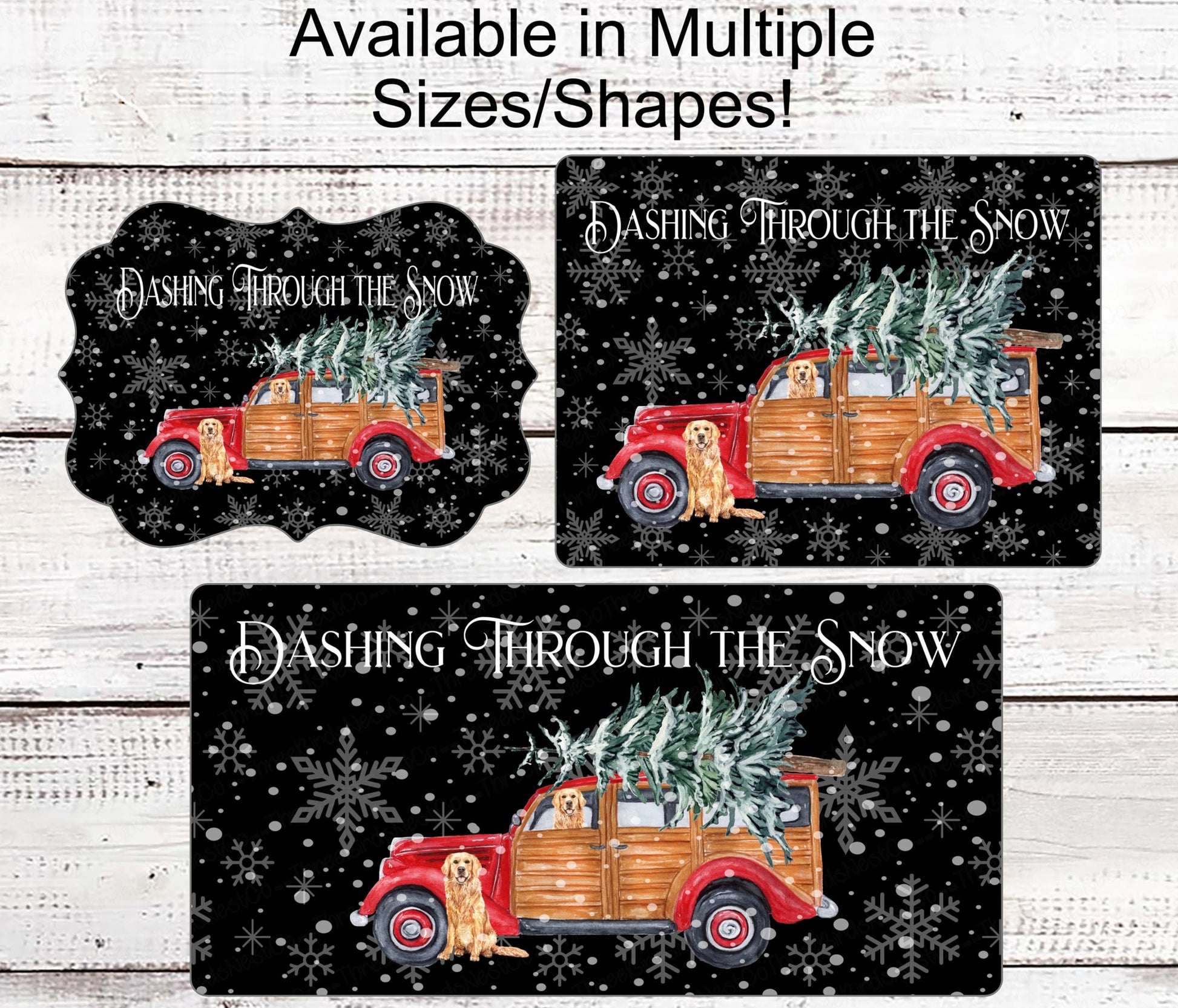 Christmas Wreath Signs - Dashing Through the Snow - Golden Retriever Sign - Old Red Panel Truck - Dog Sign - Snowflake Sign - Christmas Tree