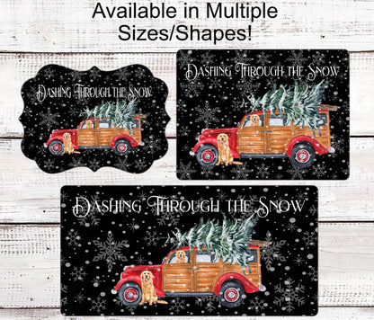 Christmas Wreath Signs - Dashing Through the Snow - Golden Retriever Sign - Old Red Panel Truck - Dog Sign - Snowflake Sign - Christmas Tree