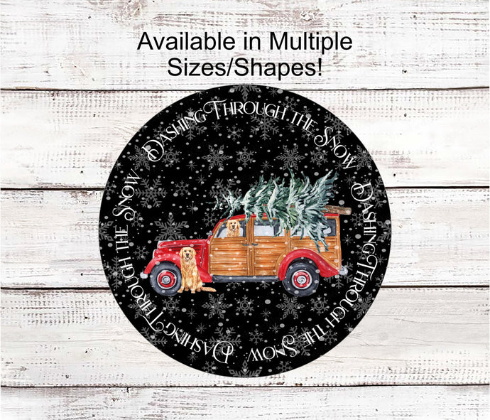 Christmas Wreath Signs - Dashing Through the Snow - Golden Retriever Sign - Old Red Panel Truck - Dog Sign - Snowflake Sign - Christmas Tree