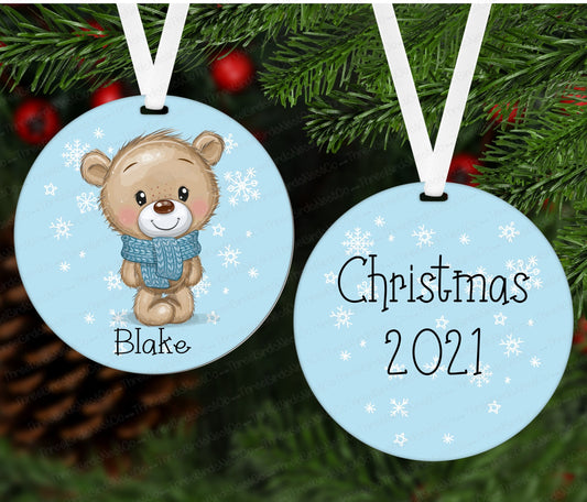 Teddy Bear Ornament - Babys First Christmas Ornament - Childrens Ornament - Boys Ornament - Double Sided Ornament - Metal Ornament - ORN72