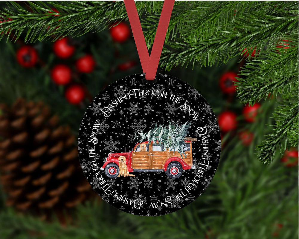 Christmas Ornament - Old Red Truck - Dashing Through the Snow - Golden Retriever Ornament - Double Sided Ornament - Metal Ornament- ORN65