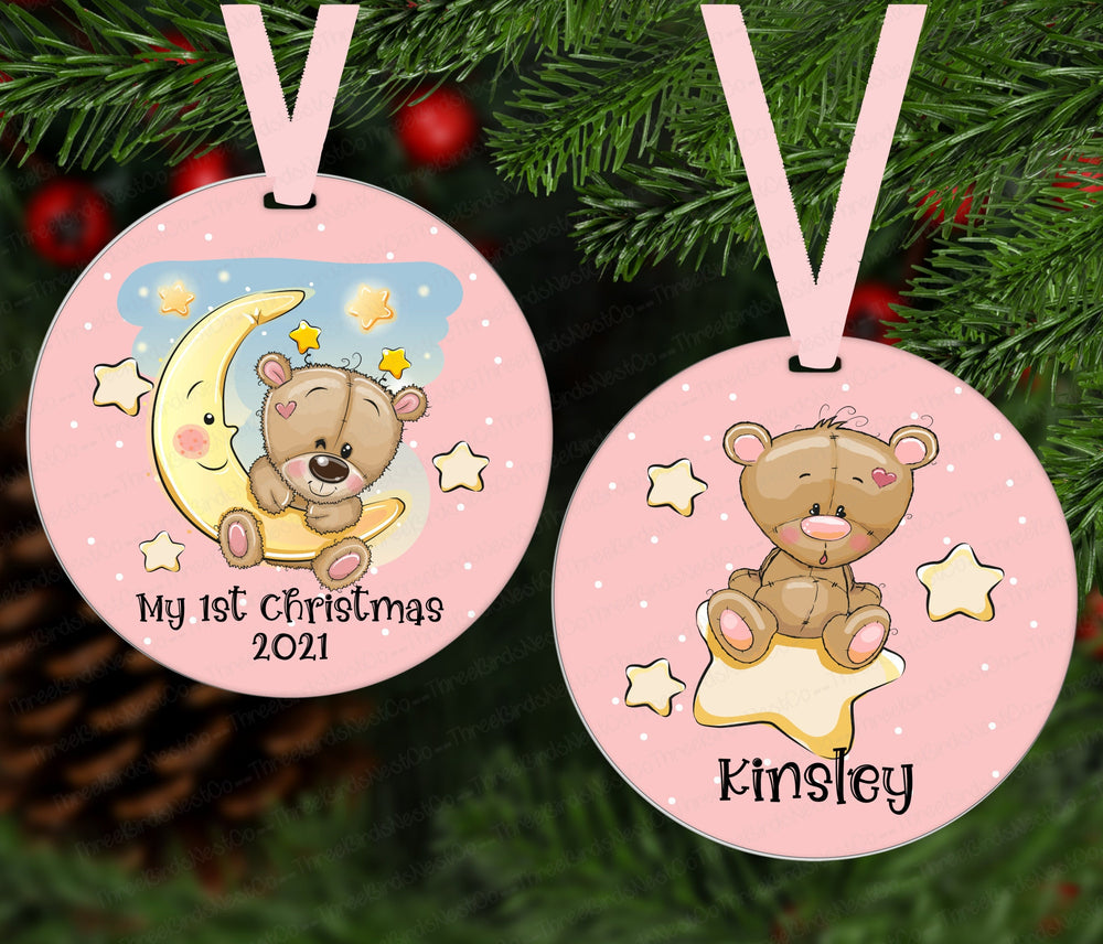 Teddy Bear Ornament - Babys First Christmas Ornament - Childrens Ornament - Girls Ornament - Double Sided Ornament - Metal Ornament - ORN74