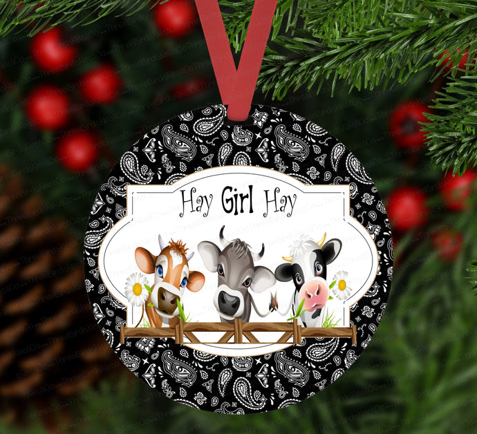Christmas Ornament - Cow Ornament - Hay Girl - Farmhouse Ornament - Farm Animals Ornament - Double Sided Ornament - Metal Ornament - ORN10