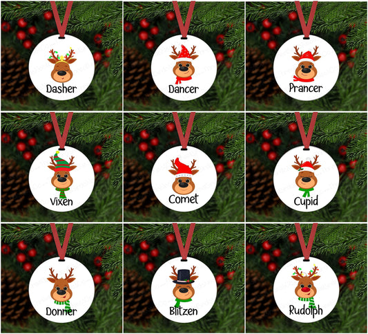 Merry Christmas Ornament - Santas Reindeer Ornament Set - Double Sided Ornament - Metal Ornament- ORN78