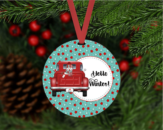 Christmas Ornament - Snowman Ornament - Red Truck Ornament - Hello Winter - Double Sided Ornament - Metal Ornament - ORN35