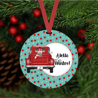 Christmas Ornament - Snowman Ornament - Red Truck Ornament - Hello Winter - Double Sided Ornament - Metal Ornament - ORN35