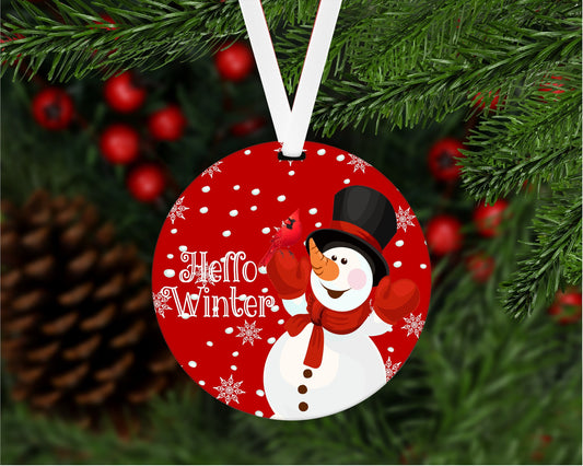 Christmas Ornament - Snowman Ornament - Hello Winter - Cardinal - Christmas Tree Ornament - Double Sided Ornament - Metal Ornament - ORN38