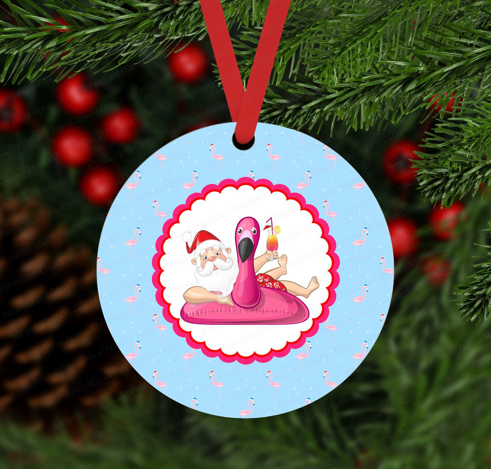 Beach Christmas Ornament - Santa Ornament - Flamingo Ornament - Double Sided Ornament - Metal Ornament - ORN89