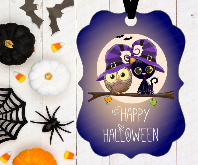 Halloween Ornament - Black Cat - Owl Sign - Happy Halloween Ornament - Spooky - Double Sided Ornament - Metal Ornament - ORN52