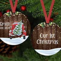 Personalized First Christmas Ornament - Red Truck Ornament - Just Married Ornament - Double Sided Ornament - Metal Ornament - ORN58