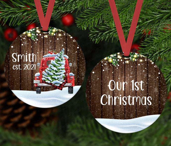 Personalized First Christmas Ornament - Red Truck Ornament - Just Married Ornament - Double Sided Ornament - Metal Ornament - ORN58