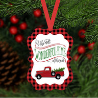 Most Wonderful Time of the Year - Red Truck Ornament - Buffalo Plaid Ornament - Double Sided Ornament - Metal Ornament - ORN59