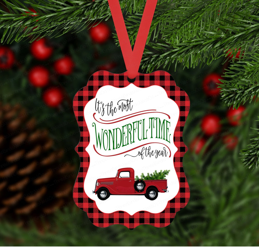 Most Wonderful Time of the Year - Red Truck Ornament - Buffalo Plaid Ornament - Double Sided Ornament - Metal Ornament - ORN59
