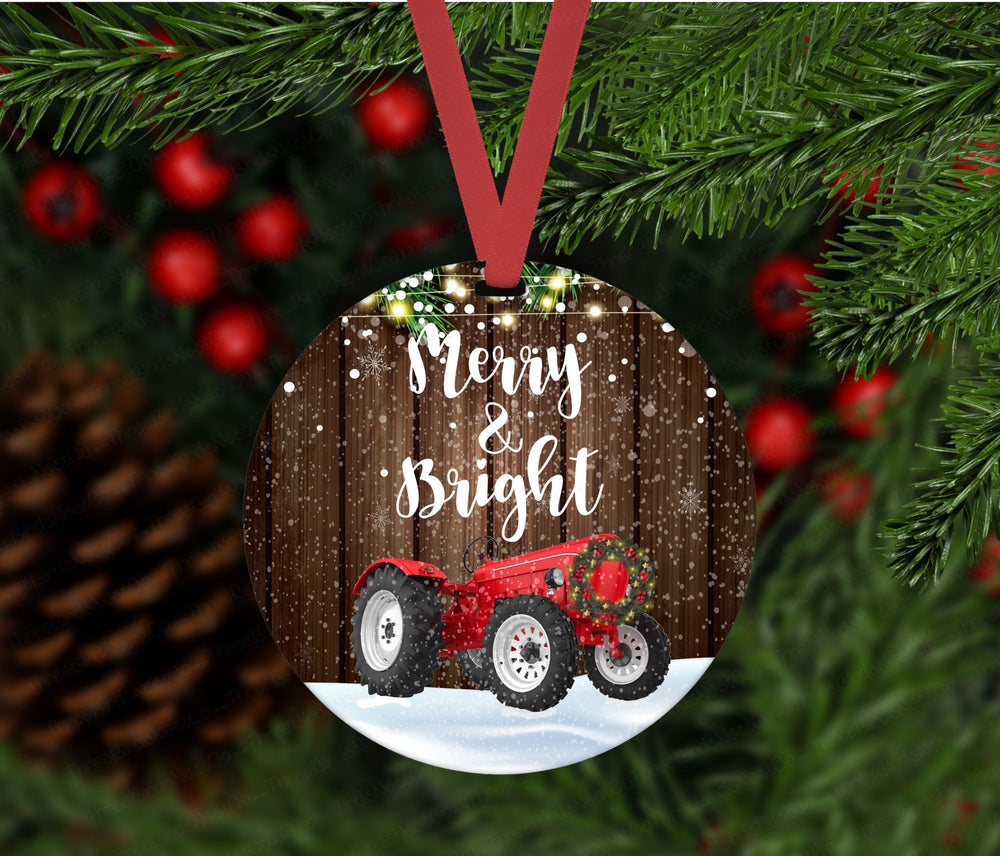 Farmhouse Ornament - Red Tractor Ornament - Merry and Bright Ornament - Double Sided Ornament - Metal Ornament - ORN61