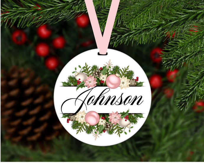 Personalized Ornament - Family Name Ornament - Pink Christmas - Custom Ornament - Double Sided Ornament - Metal Ornament - ORN87