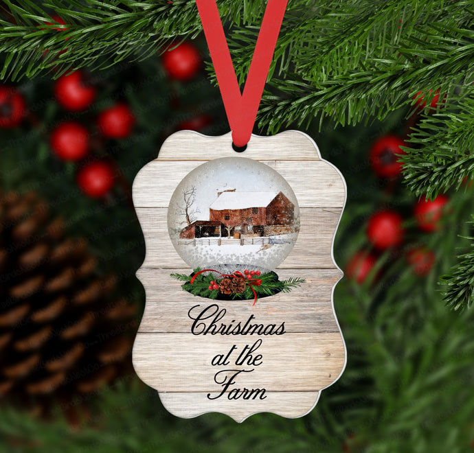 Christmas Ornament - Snow Globe - Farmhouse Ornament - Country Christmas - Double Sided Ornament - Metal Ornament - ORN88