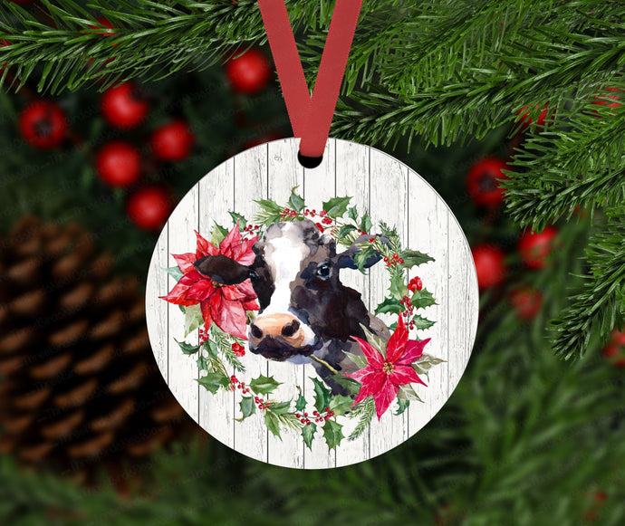 Christmas Ornament - Cow Ornament - Farm Animals - Poinsettia Ornament - Farmhouse Decor - Metal Ornament - Double Sided Ornament - ORN100