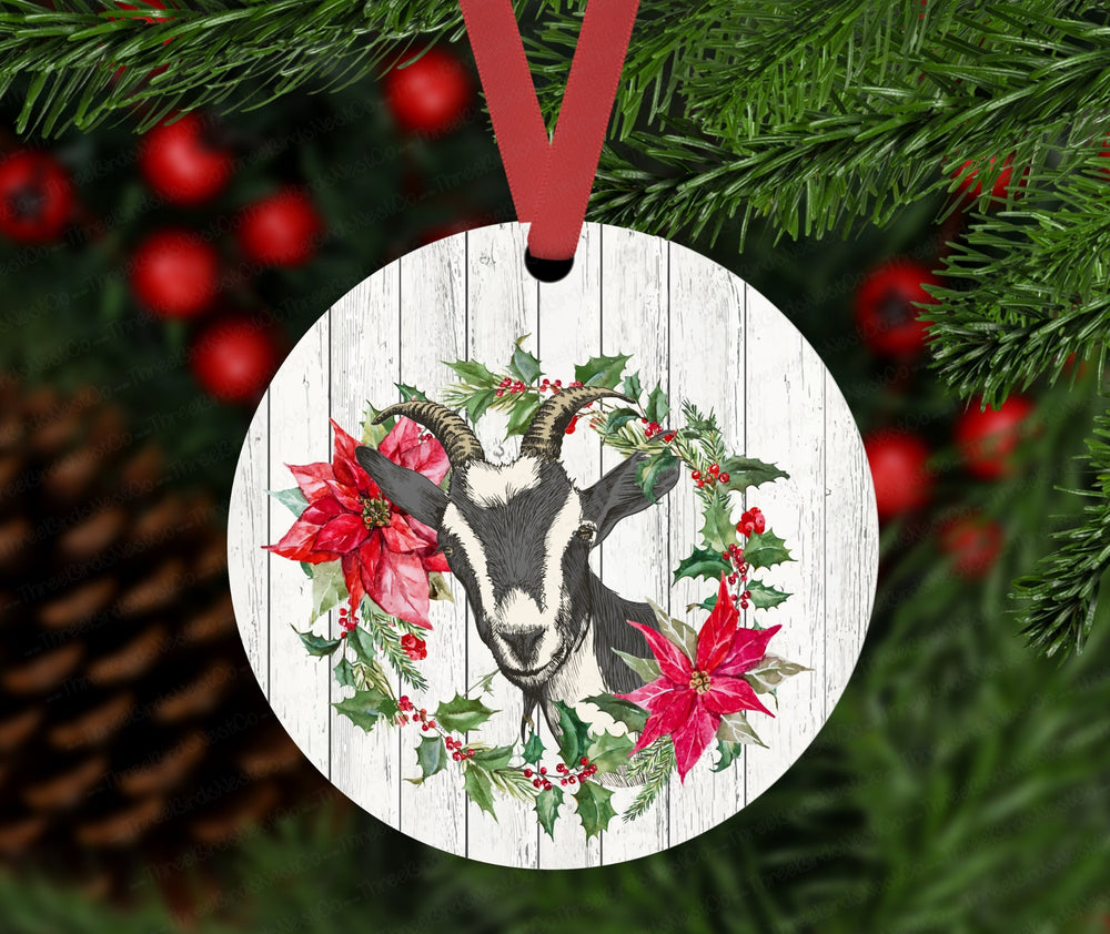 Christmas Ornament - Goat Ornament - Farm Animals - Poinsettia Ornament - Farmhouse Decor - Metal Ornament - Double Sided Ornament - ORN102