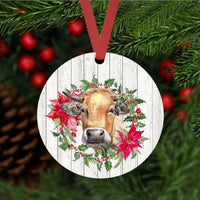 Christmas Ornament - Cow Ornament - Farm Animals - Poinsettia Ornament - Farmhouse Decor - Metal Ornament - Double Sided Ornament - ORN103
