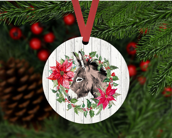 Christmas Ornament - Donkey Ornament - Farm Animals - Poinsettia Ornament - Farmhouse Decor - Metal Ornament - Double Sided Ornament -ORN104