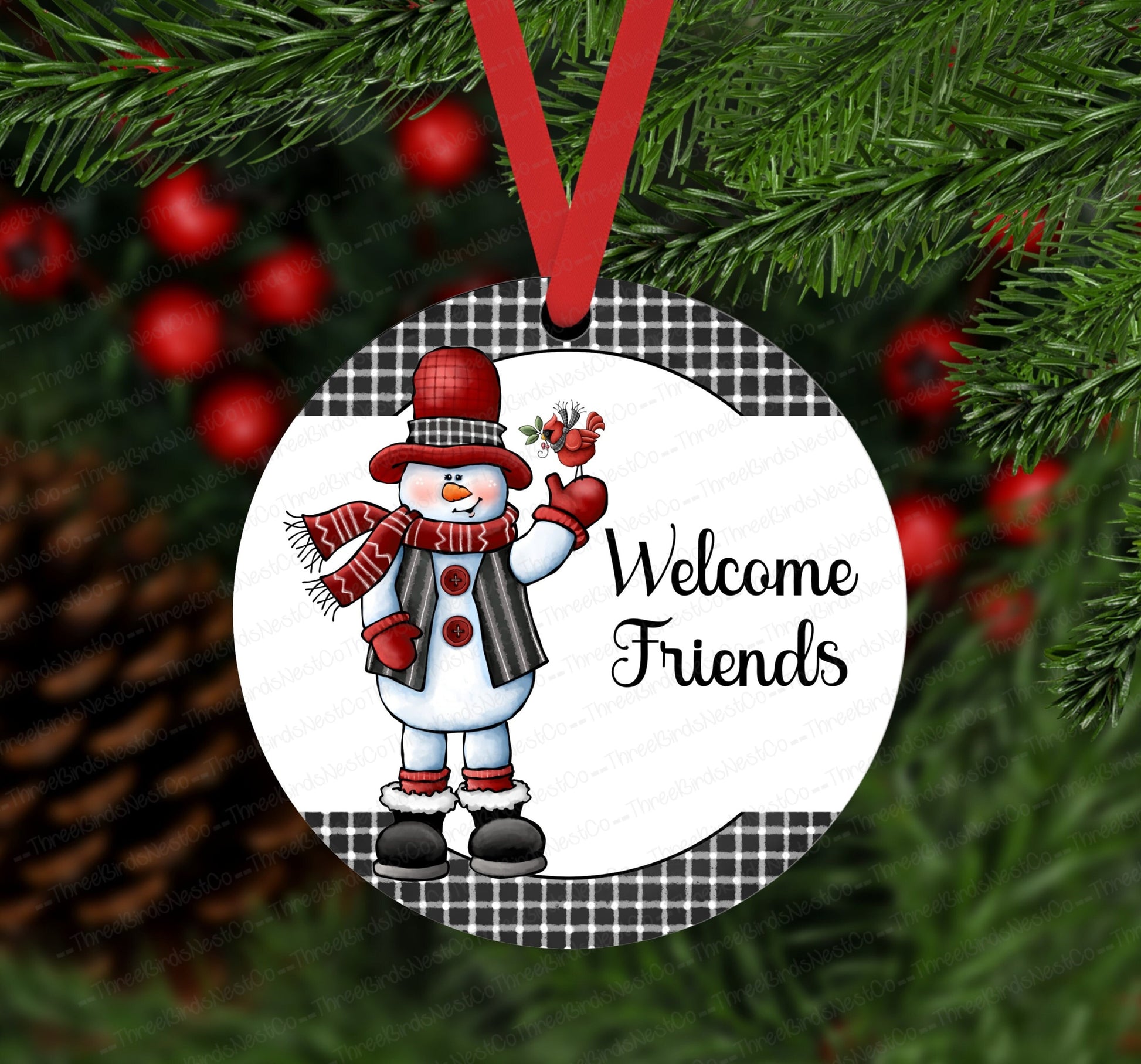 Christmas Ornament - Snowman Ornament - Welcome Friends - Cardinal Ornament - Double Sided Ornament - Metal Ornament - ORN93