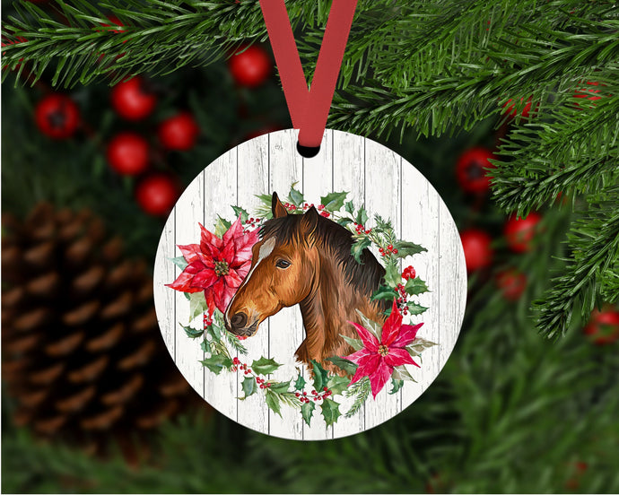Christmas Ornament - Horse Ornament - Farm Animals - Poinsettia Ornament - Farmhouse Decor - Metal Ornament - Double Sided Ornament -ORN105