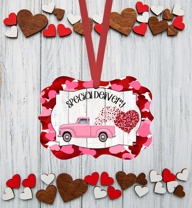 Valentines Day Ornament - Valentines Truck - Heart Ornament - Spring Ornament - Double Sided Ornament - Metal Ornament - ORN123