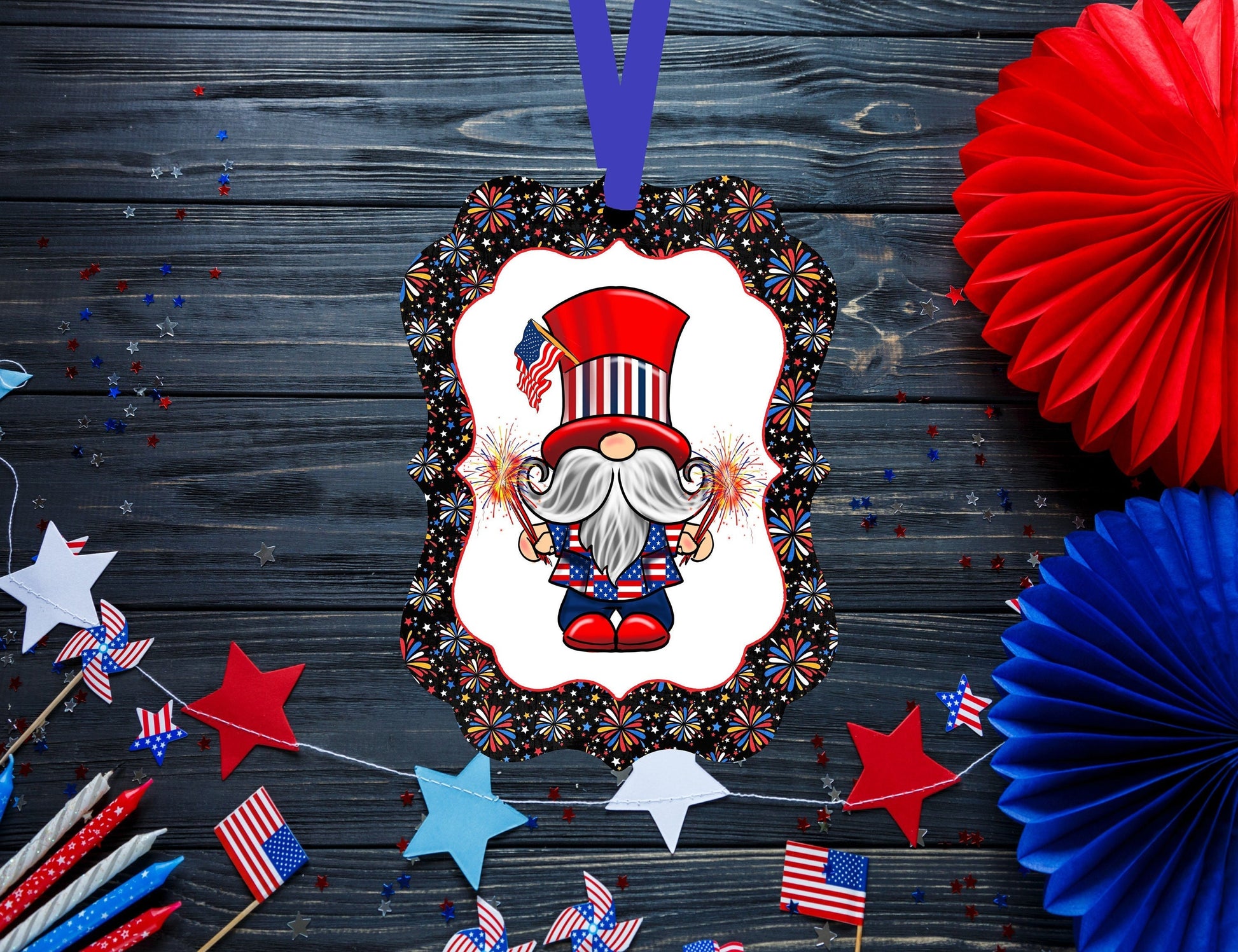 Patriotic Ornament - Patriotic Gnome - Uncle Sam Gnome - 4th of July Ornament - Double Sided Ornament - Metal Ornament - ORN132