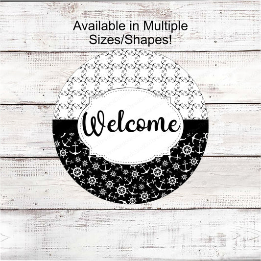 Beach Wreath Sign - Beach Sign - Nautical Sign - Anchor Sign - Monochrome Sign