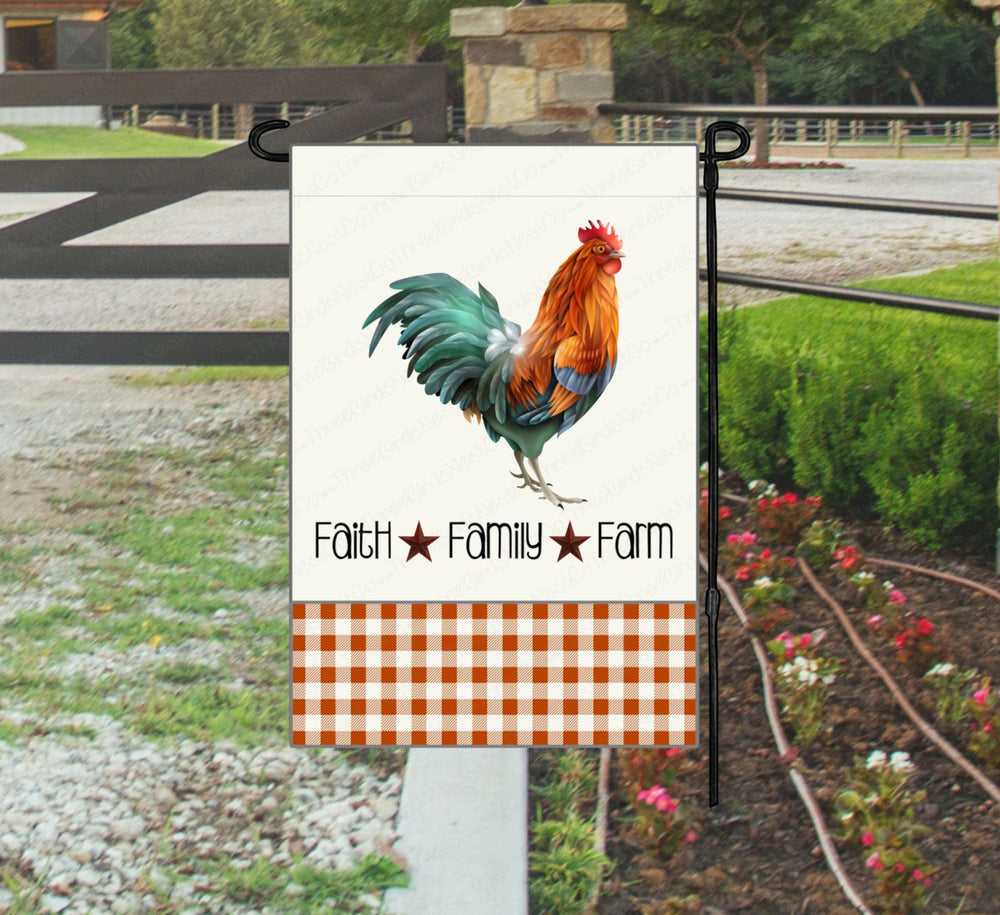 Faith Family Farm Garden Flag - Rooster Decor - Farmhouse Decor - Yard Flag - Double Sided Garden Flag