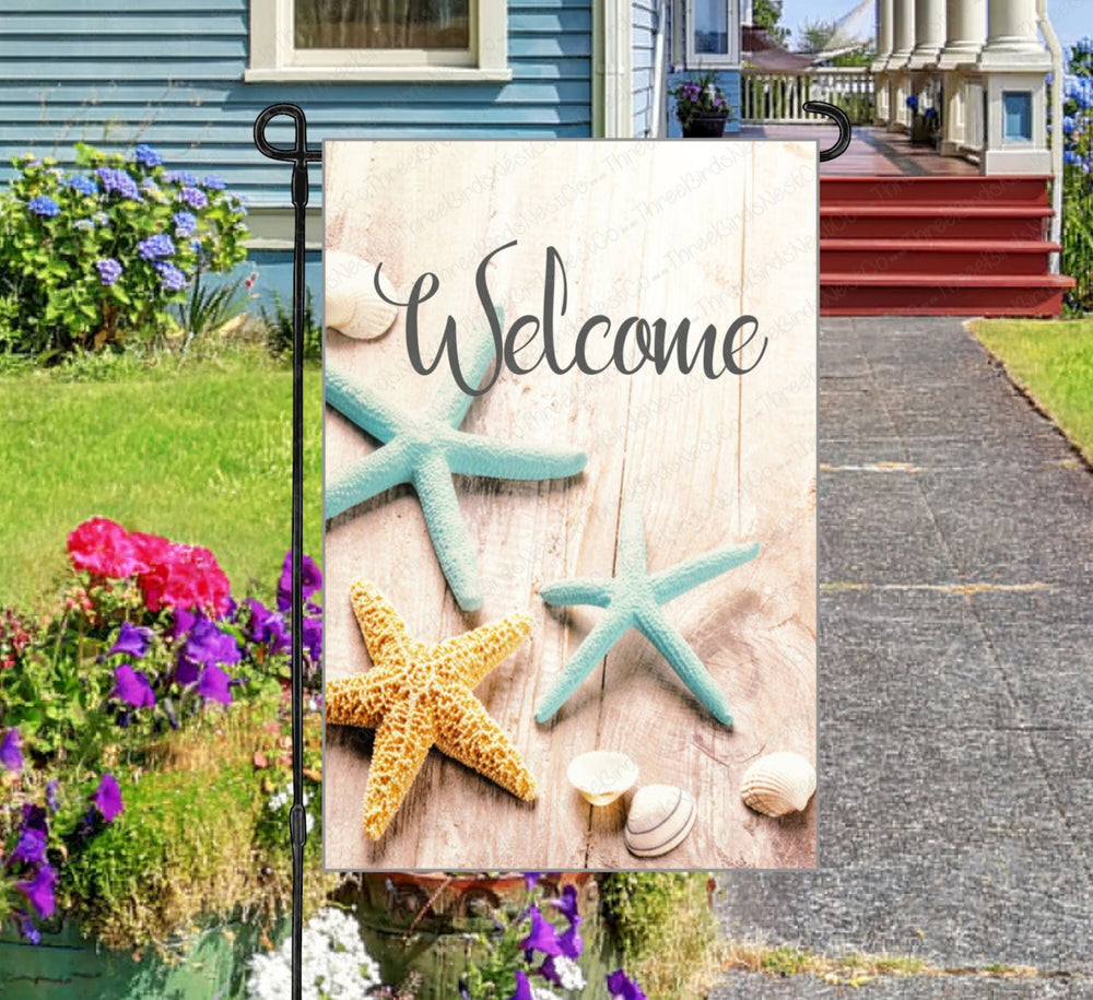 Starfish Welcome Garden Flag - Welcome to the Beach - Nautical Decor - Custom Garden Flag - Yard Flag - Double Sided Garden Flag