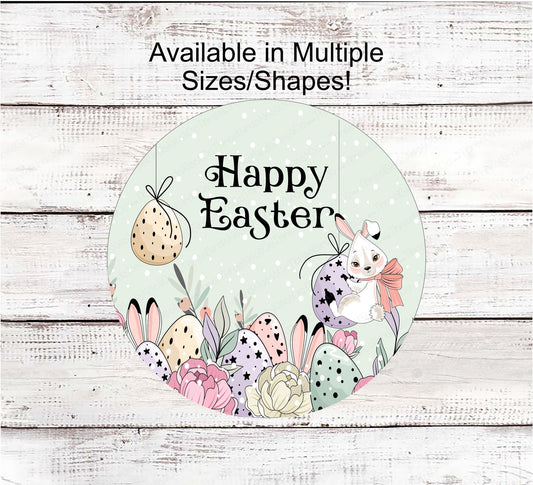 Happy Easter Sign - Welcome Wreath Sign - Easter Sign - Easter Bunny Sign - Easter Eggs Sign - Rabbit Sign - Floral Wreath Sign