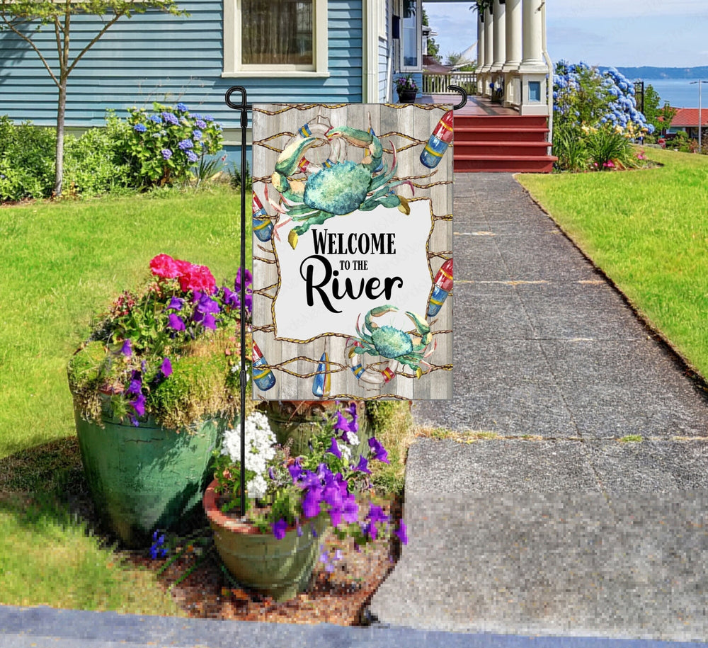 Welcome to the River - Welcome to the Beach - Blue Crab - Nautical Decor - Custom Garden Flag - Yard Flag - Double Sided Garden Flag