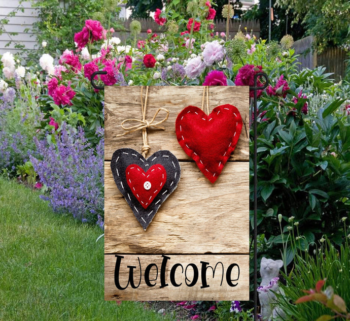 Valentines Garden Flag - Welcome Flag - Rustic Garden Flag - Valentines Hearts - Custom Garden Flag - Yard Flag - Double Sided Garden Flag