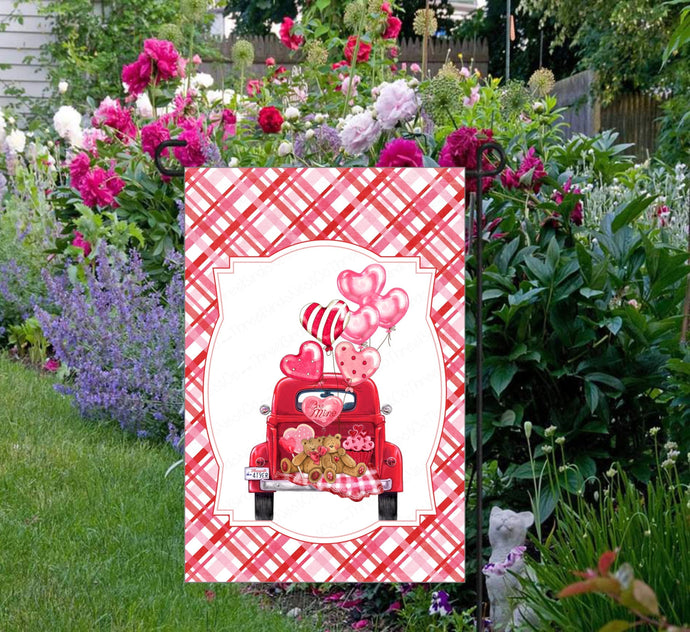 Valentines Garden Flag - Welcome Flag - Valentines Truck - Valentines Hearts - Custom Garden Flag - Yard Flag - Double Sided Garden Flag