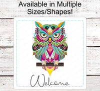 
              Welcome Wreath Sign - Zentangle Owl Sign - Owl Welcome - Whimsical Wreath Sign
            