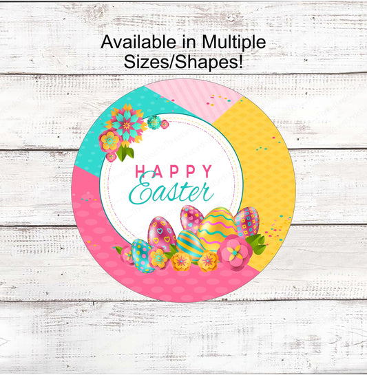 Happy Easter Sign - Welcome Wreath Sign - Easter Eggs Sign - Floral Wreath Sign