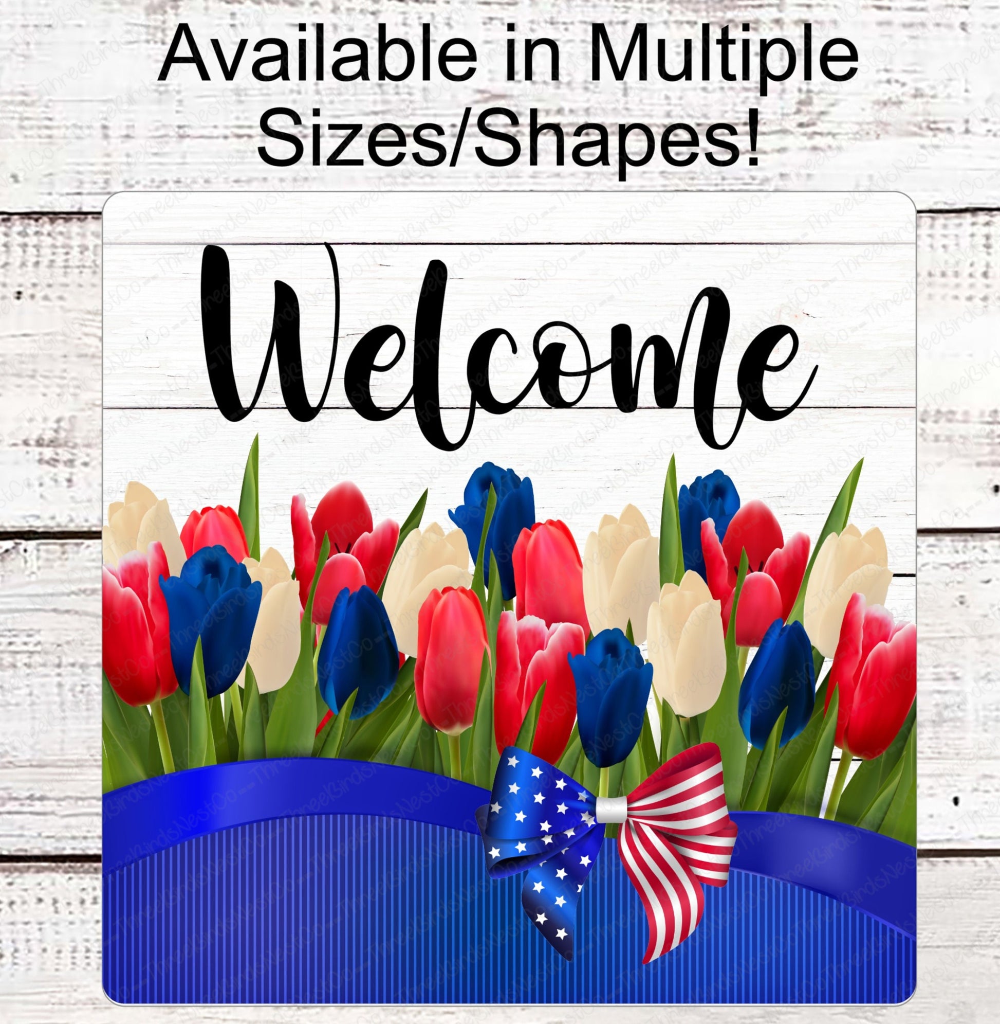 Patriotic Welcome Wreath Sign - Tulip Sign - 4th of July Sign - Stars and Stripes Sign - Independence Day - Summer Wreath Sign