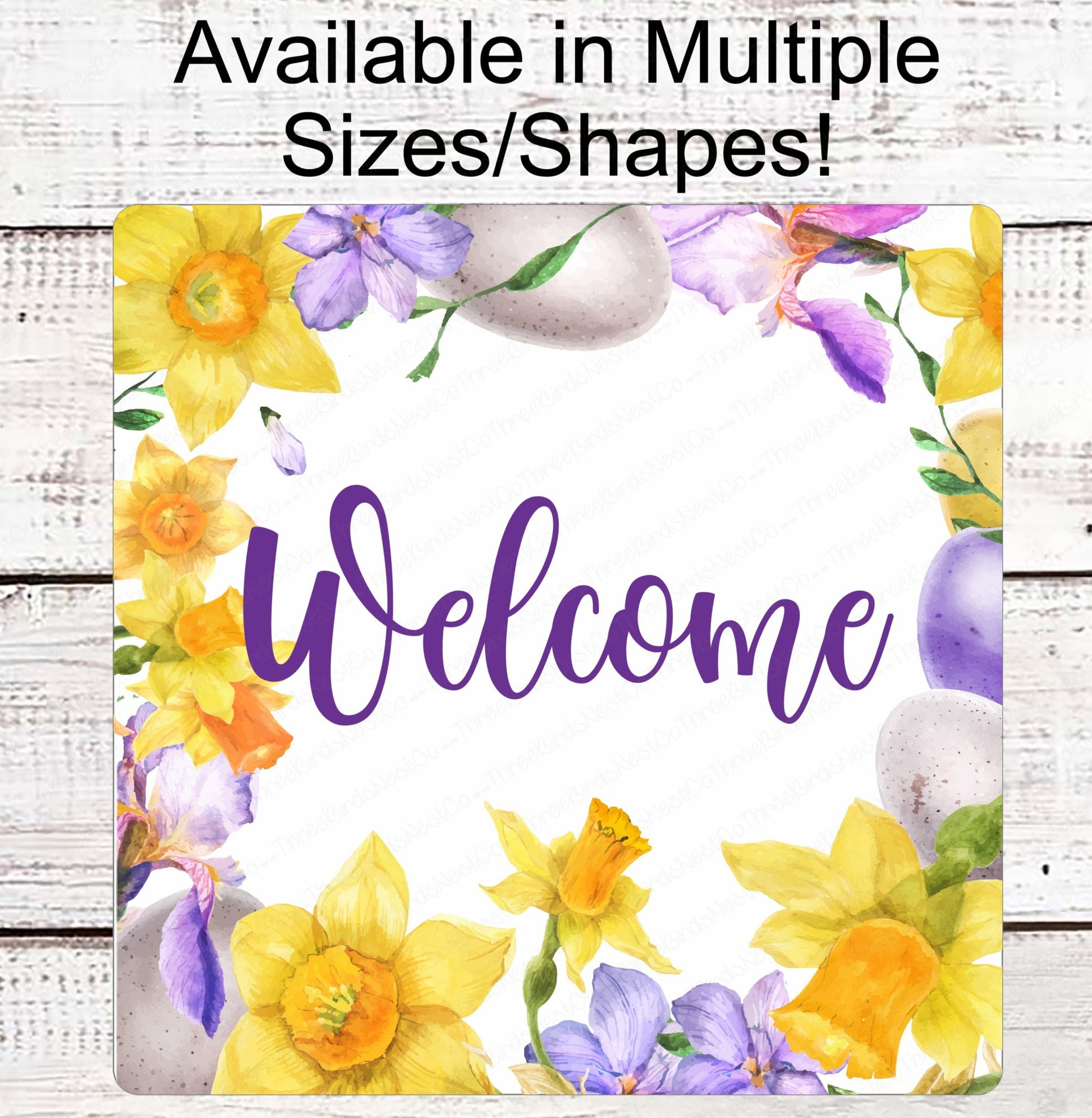 Spring Welcome Wreath Sign - Daffodils Sign - Easter Eggs Sign - Iris Sign - Floral Wreath Sign - Metal Wreath Sign