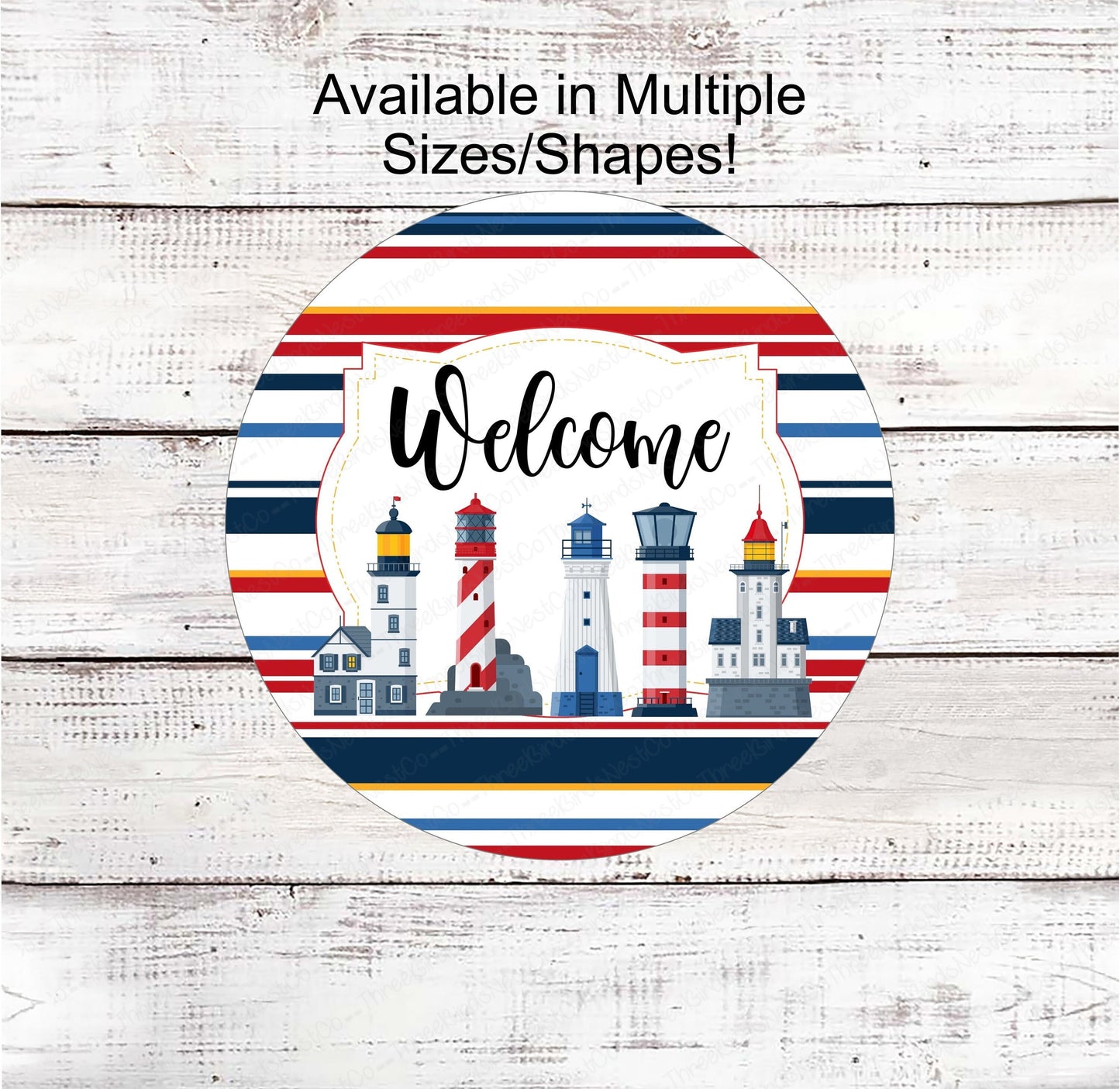 Beach Welcome Wreath Sign - Lighthouse Signs - Nautical Decor - Metal Wreath Sign - Wreath Centers - Three Birds Nest Co