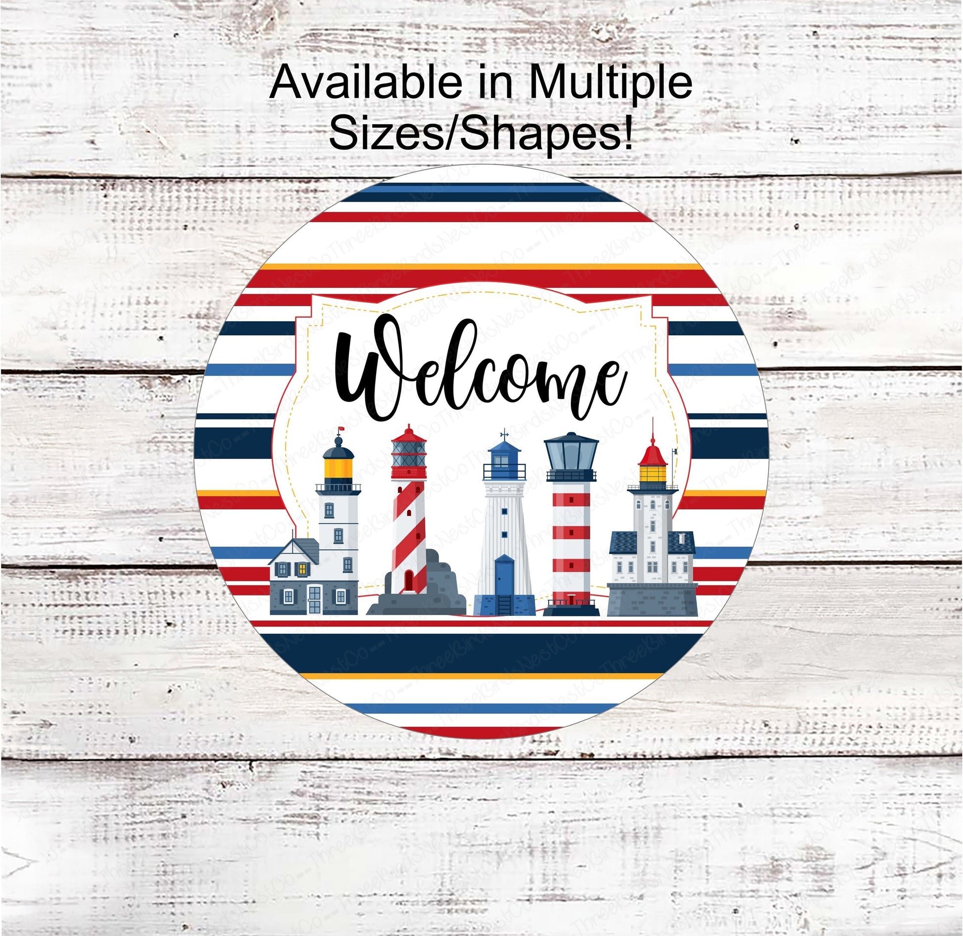 Beach Welcome Wreath Sign - Lighthouse Signs - Nautical Decor - Metal Wreath Sign - Wreath Centers - Three Birds Nest Co