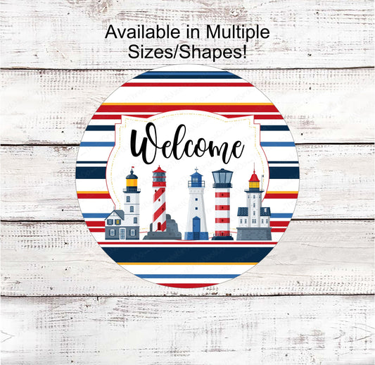 Beach Welcome Wreath Sign - Lighthouse Signs - Nautical Decor - Metal Wreath Sign - Wreath Centers - Three Birds Nest Co